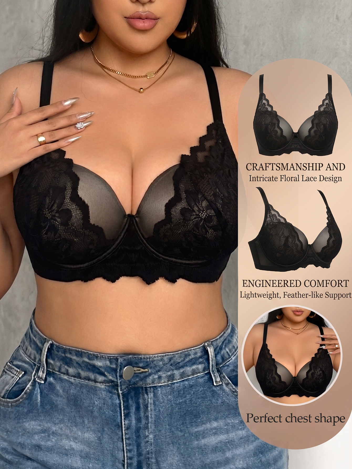 Sheer Mesh Bra - Wide Strap Plus Size Women Bra